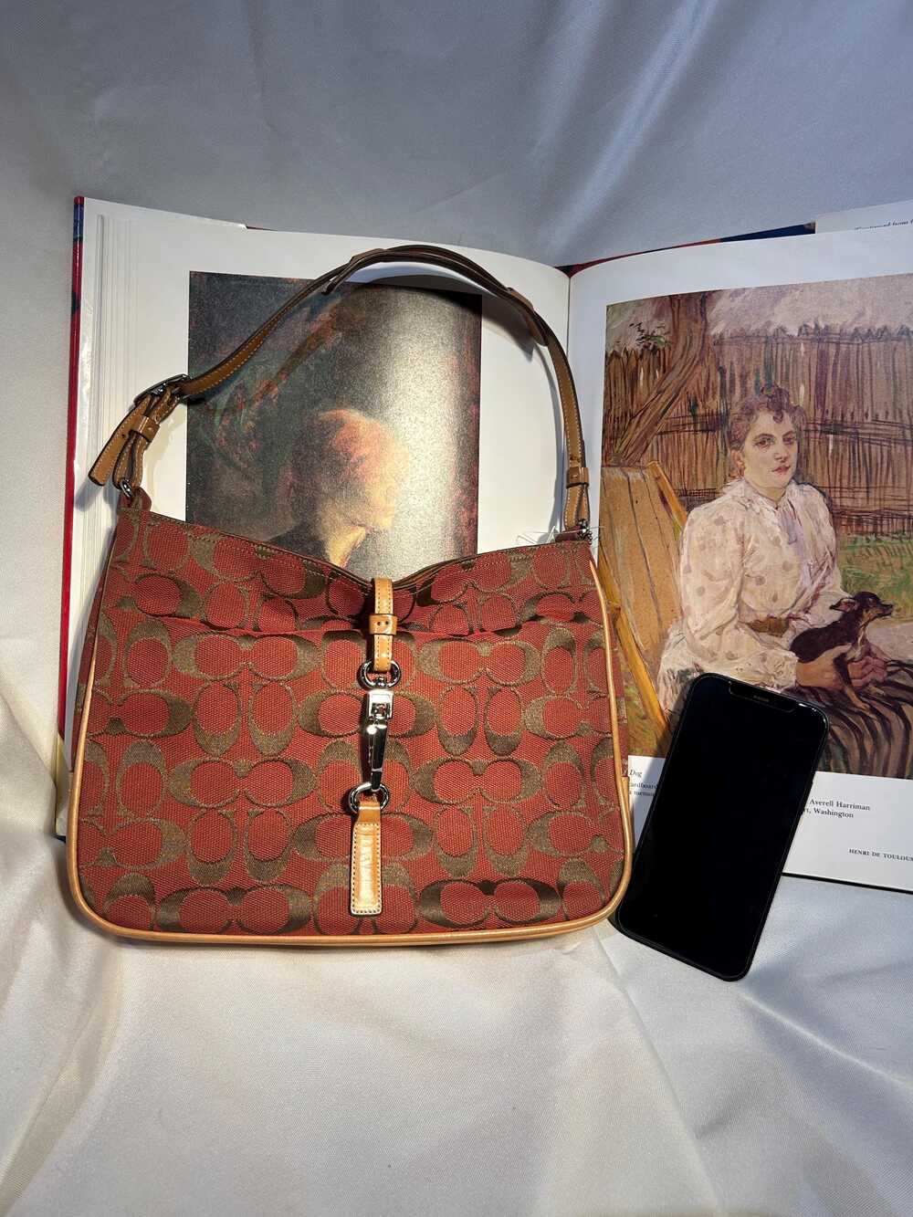 Coach Red Signiture Canvas Leather Shoulder Tote Bag
